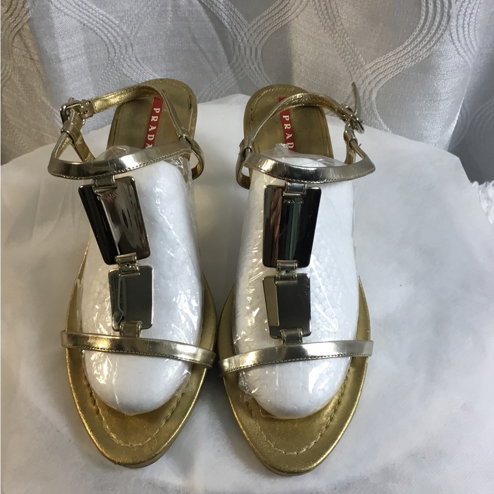 Prada Gold Metallic T-Strap Sandals with Silver Geometric Accents